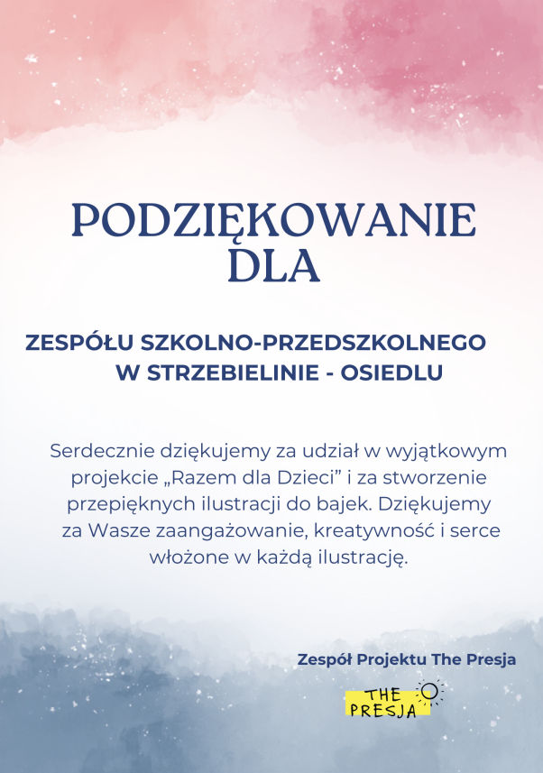 Podziękowanie za udział w projekcie "Razem dla Dzieci" Fundacji The Presja