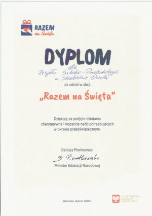 <span  class="uc-style-225670131361" style="color:#ffffff;">Dyplom od Ministra Edukacji Narodowej za udział w ogólnopolskiej akcji "Razem na święta"</span>